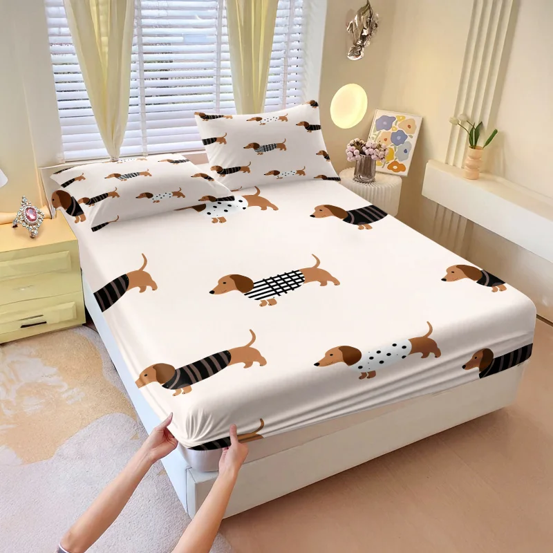 3pcs Cute Cartoon Sausage Dog Print Fitted Sheet Set Multi Size Bed Cover Bedroom Bedding Decoration Machine Washable
