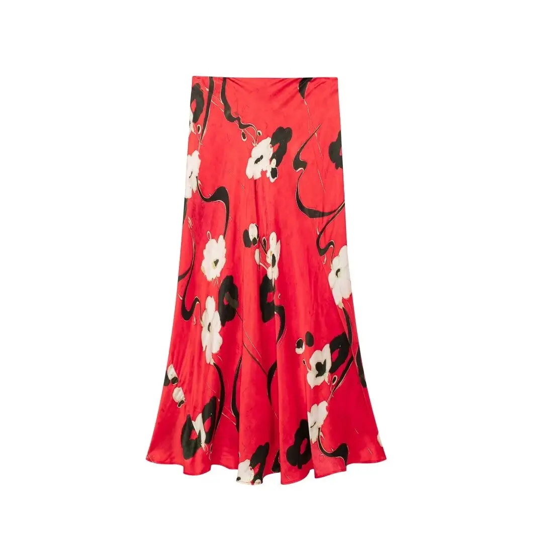 

HH TRAF Female Fashion Vintage Printed Skirt Summer Women's Casual High Street Hem Fold Decoration Back Zipper Midi Skirt Mujer