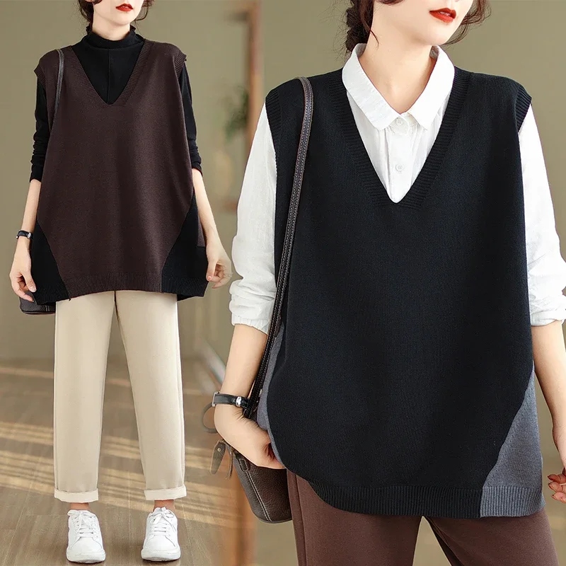 

Spring Autumn Literary Vintage V Collar Coat Vest Women Loose Minimalist Fashion Korean Loose Casual Versatile Knit Pullover Top