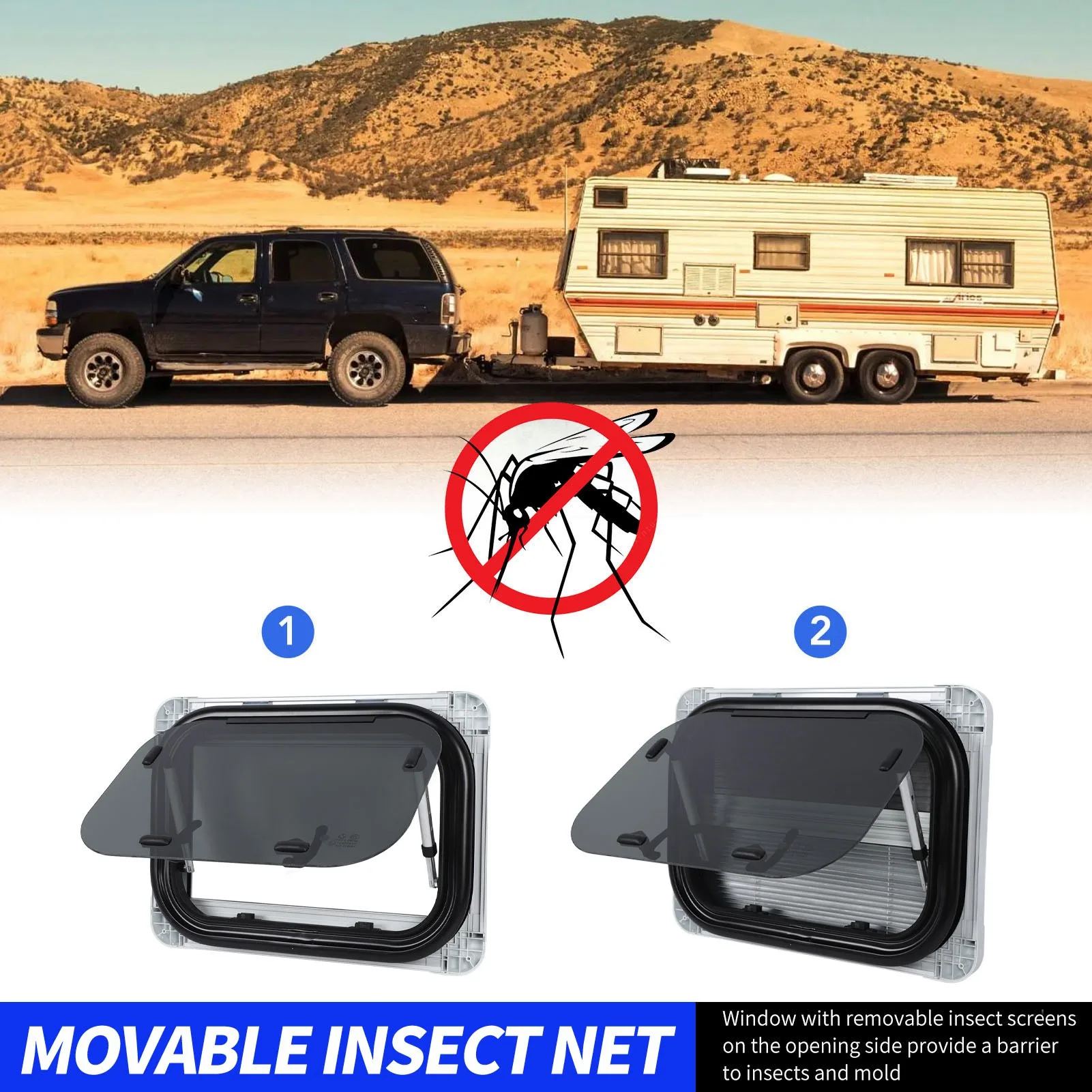 20x12 cali Okno RV Szkło hartowane Odporne na promieniowanie UV wyciskane okno z prętem podtrzymującym i zasłoną przeciwsłoneczną do przyczep kempingowych