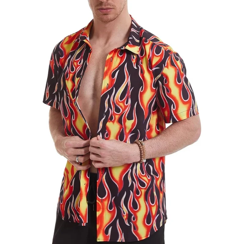 

Men's Flame Fashion 3D Print Pattern Short Sleeve Shirt Casual Fashion Printed Button Shirt