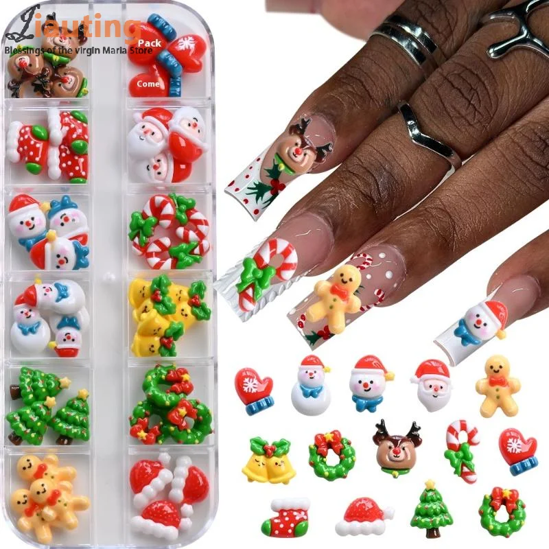 12 Griglia 36/60 Pz Kawaii Mini Pupazzo di Neve Albero di Natale Pendenti e Ciondoli per unghie 3D Renna Babbo Natale Strass per unghie Resina Gemme per unghie di Natale
