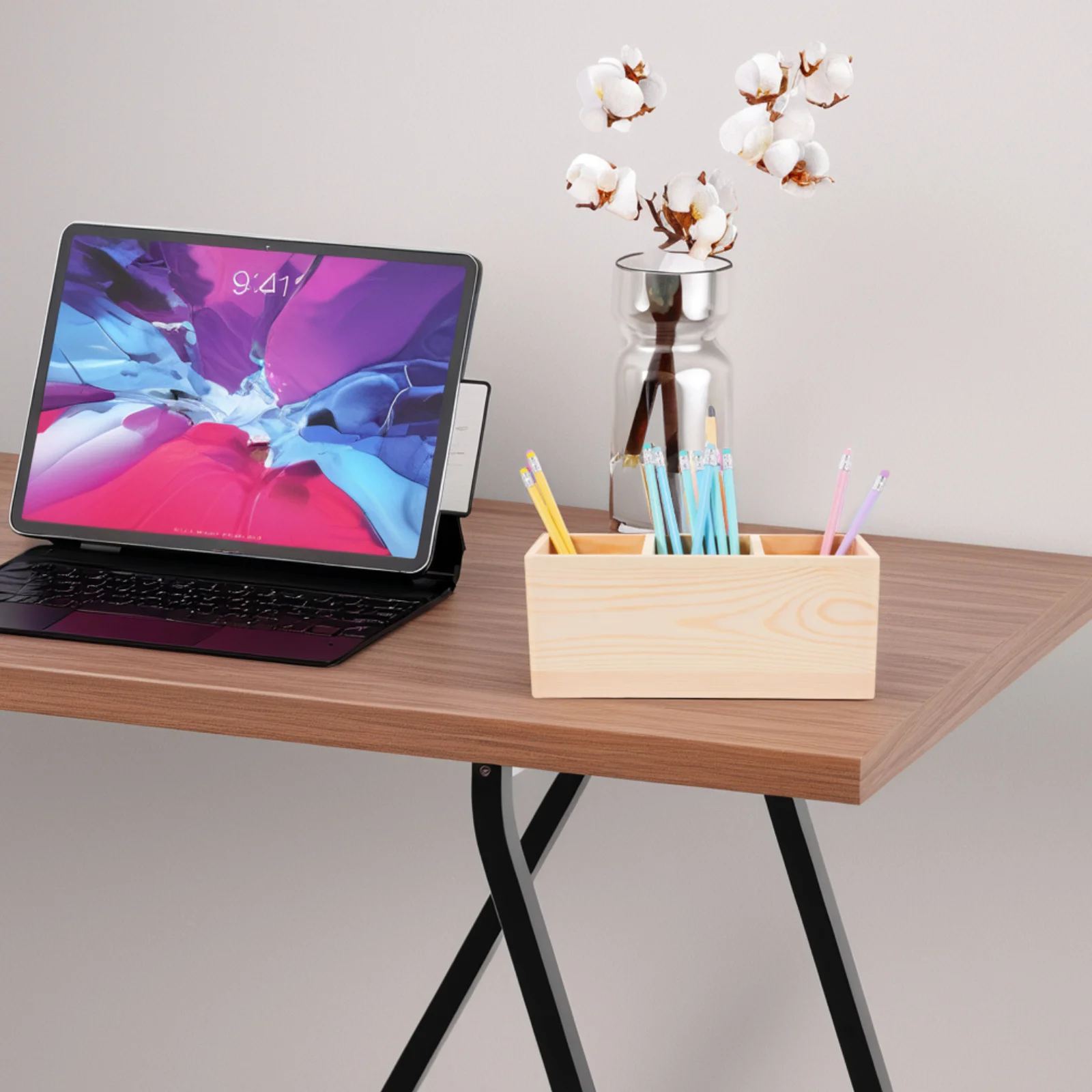 

Wood Pencil Holder with 3 Dividers Makeup Brush Stand Remote Control Caddy Desktop Storage Box Desk Organizer for Office Home