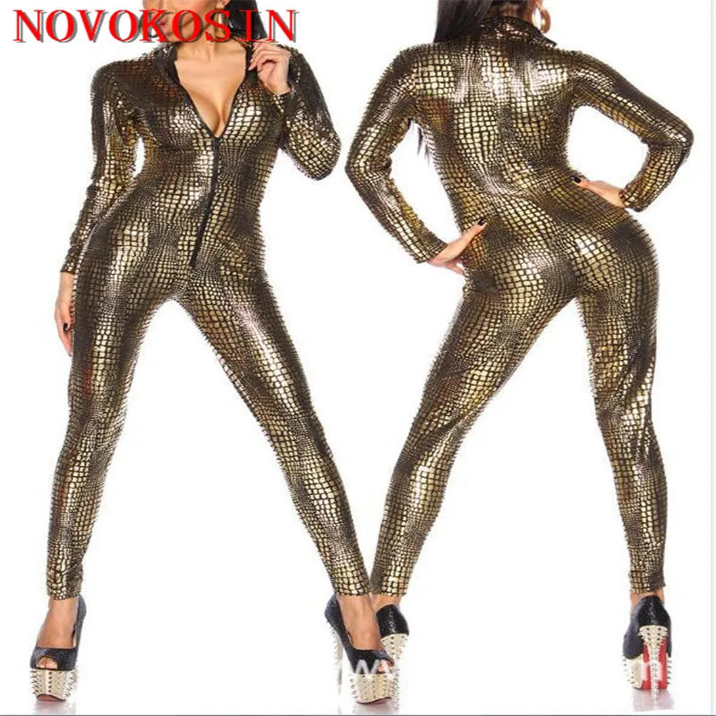 

3 Colors M-2XL Women Hot Sexy Snakeskin Faux Leather Erotic Bodysuit Catwomen Night Club Serpentine Jumpsuit DS Cosplay Costume