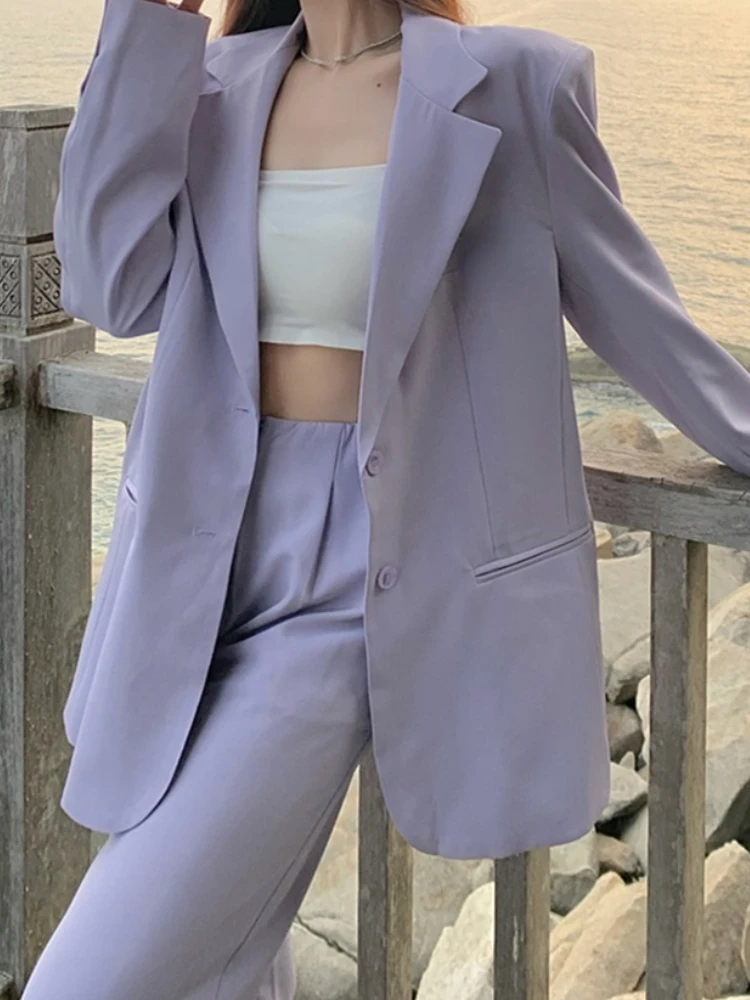 Autumn Women Purple Blazer Pantsuit Korean Fashion Vintage Loose Jacket Pants 2 Piece Set Female Business Casual Trousers Outfit