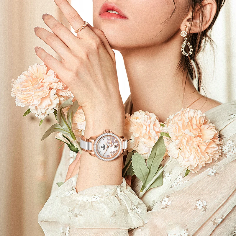 STARKING Ladies Watch bezel diamond-encrusted automatic mechanical watch with Japan 8215 movement with ceramic strap AL0241
