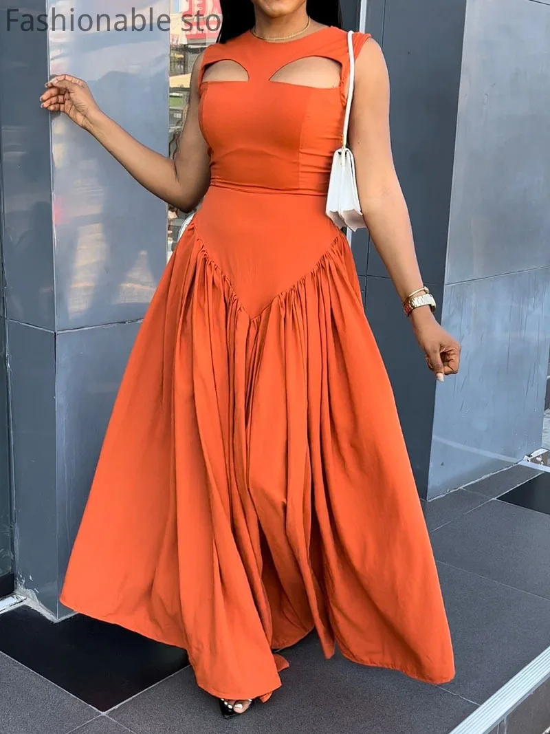 Women Sexy Solid Color Round Neck Hollow Out Sleeveless High Waist Big Swing Maxi Dress