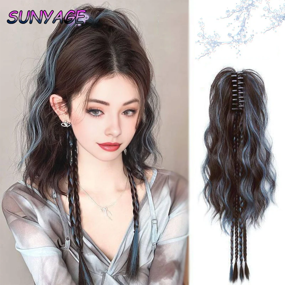 

Synthetic Claw Clip Ponytail Braid Hair Water ripple dyeing Extensions Long Curly Hair Black Blue Pink Hair Pony Tail For Women
