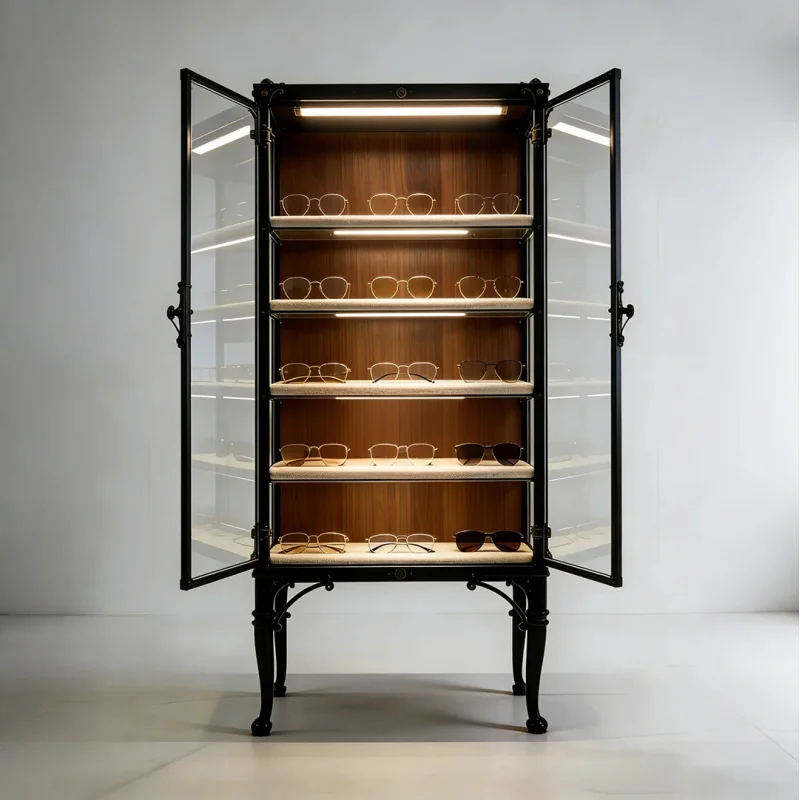 

custom.Matte Black Wrought Iron Warm Light Strip with 5-layer Open Shelf LED Walnut Luxury Display Cabinet Counter