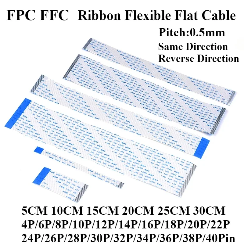 10Pcs 0.5MM FPC FFC Flexible Flat Cable A/B Type 50/100/150/200/250/300mm 4P 5/6/7/8/10/14/16/18/20/22/26/28/30/32/34/36/40PIN