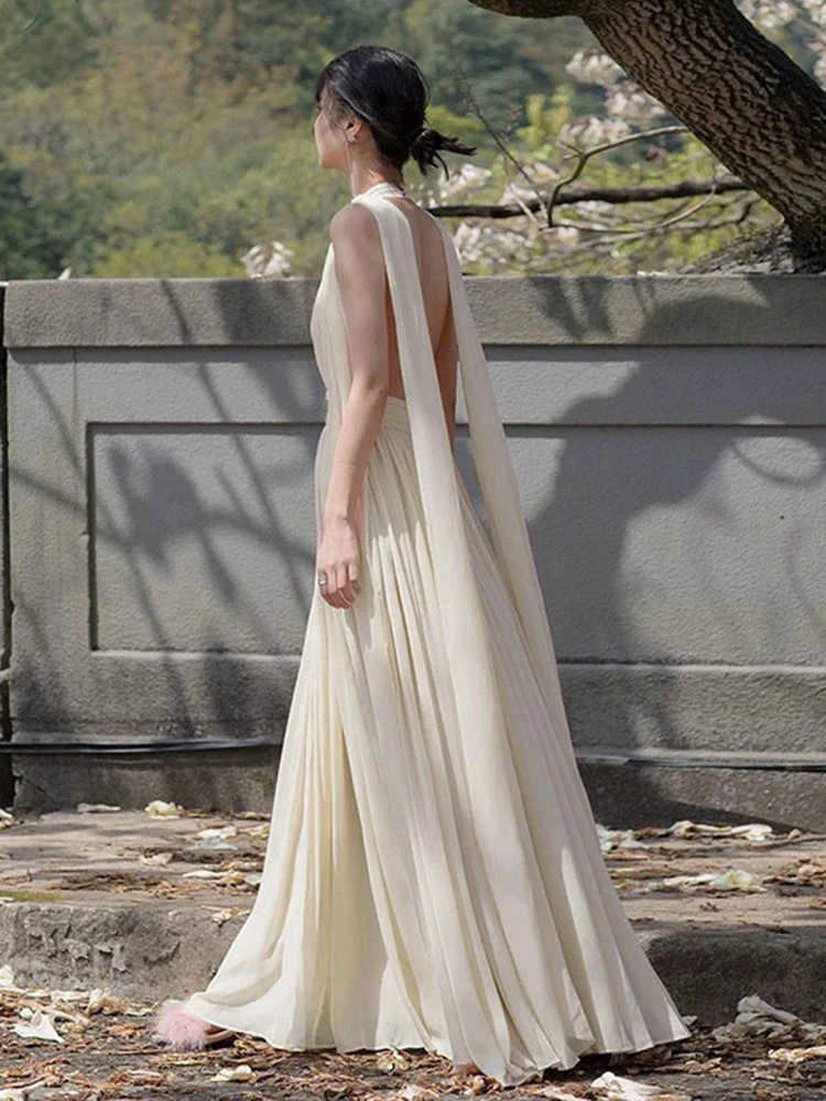 Elegante backless lange jurken lente dames mouwloze halterjurk zomer hoge taille losse trui rits knielengte jurk