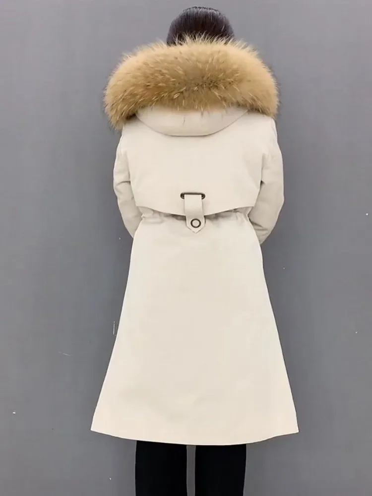 Señora cremallera forro interior desmontable piel de mapache Real abrigo largo cuello ajustado abrigo invierno grueso cálido abrigo largo señoras