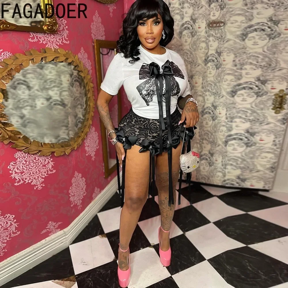 FAGADOER Fashion Y2K Sweet Bow Bandage Кружевные комплекты из 2 предметов Женский топ с круглым вырезом и шорты с короткими рукавами Уличная одежда