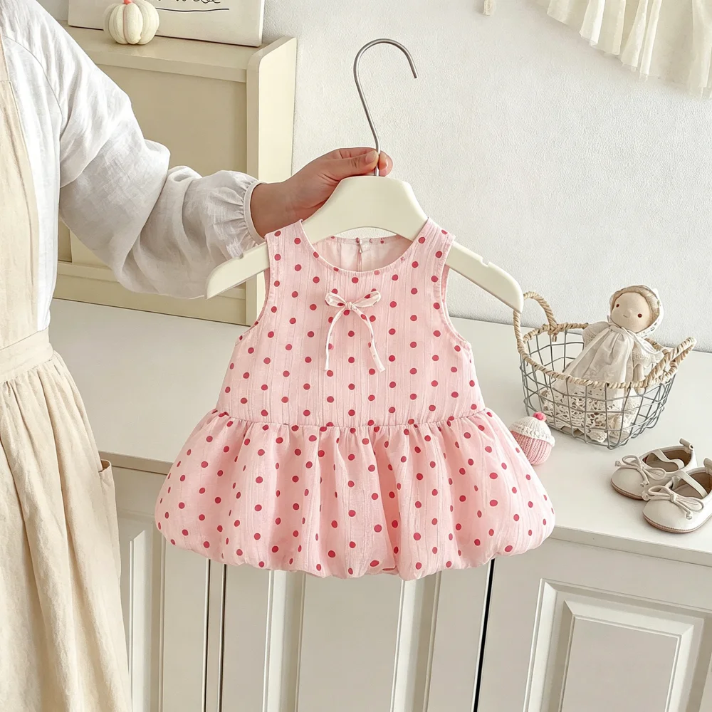 Baby Girls' Dress Summer Wave Point Bow Sleeveless Girls' Dress Lovely Beach Princess Children's Dress Baby Girl Clothing ﻿