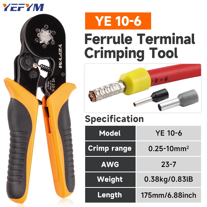 Crimping Pliers Tool Ferrule Pin Terminal Connectors Mini Adjustable Ratchet YEFYM Electricians six-Corner （0.25-10mm²）YE 10-6