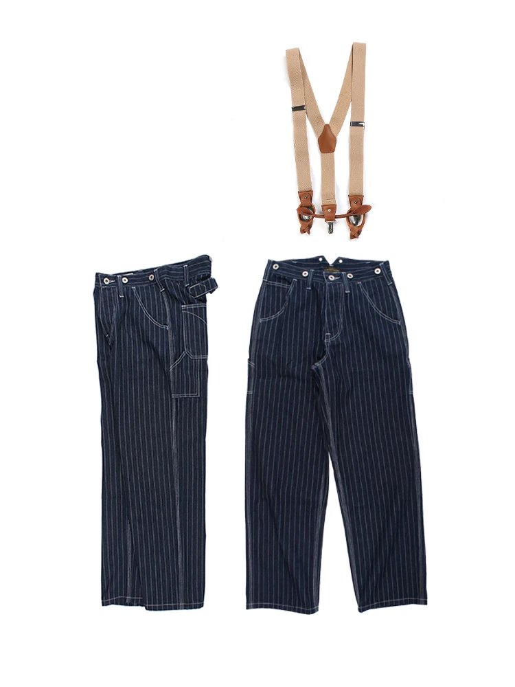 13.5oz Vertical Striped Denim Jeans for Men Vintage Wide Leg Loose Bib Pants 24SS Y2k Youth Male Suspender Overalls Junpsuits