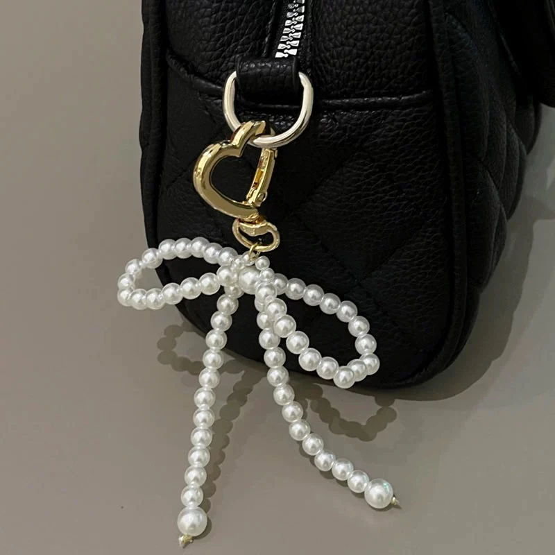 Korean Sweet Pearl Bow Keychain Heart Pendant Keyring Y2K Aesthetic Key Holder For Girls Bag Pendant Accessories