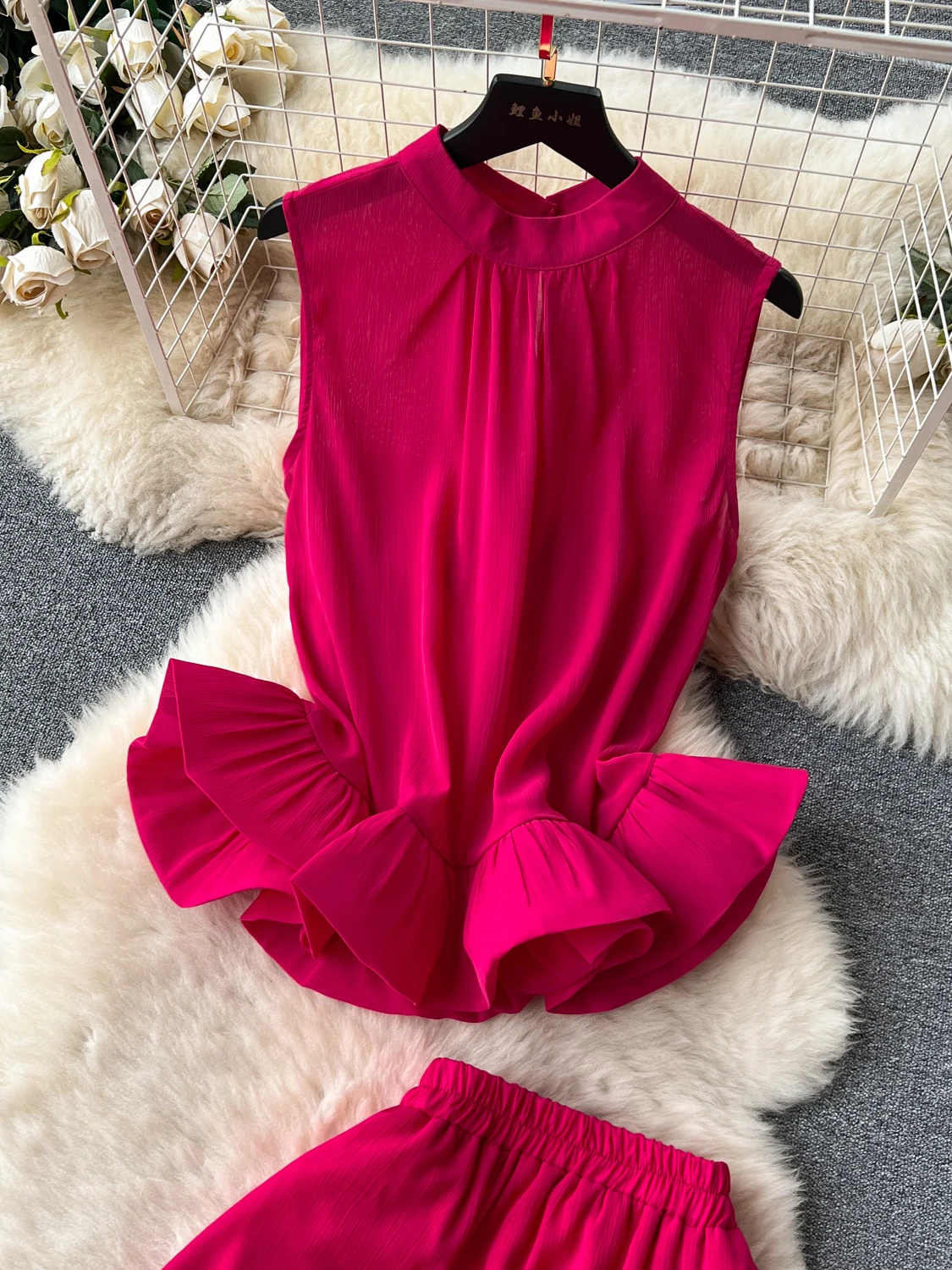 Summer Women Green/Rose Red/Beige/Black Two Piece Set Vintage Stand Collar Sleeveless Short Tops + Ruffle Hem Skirt Suit New