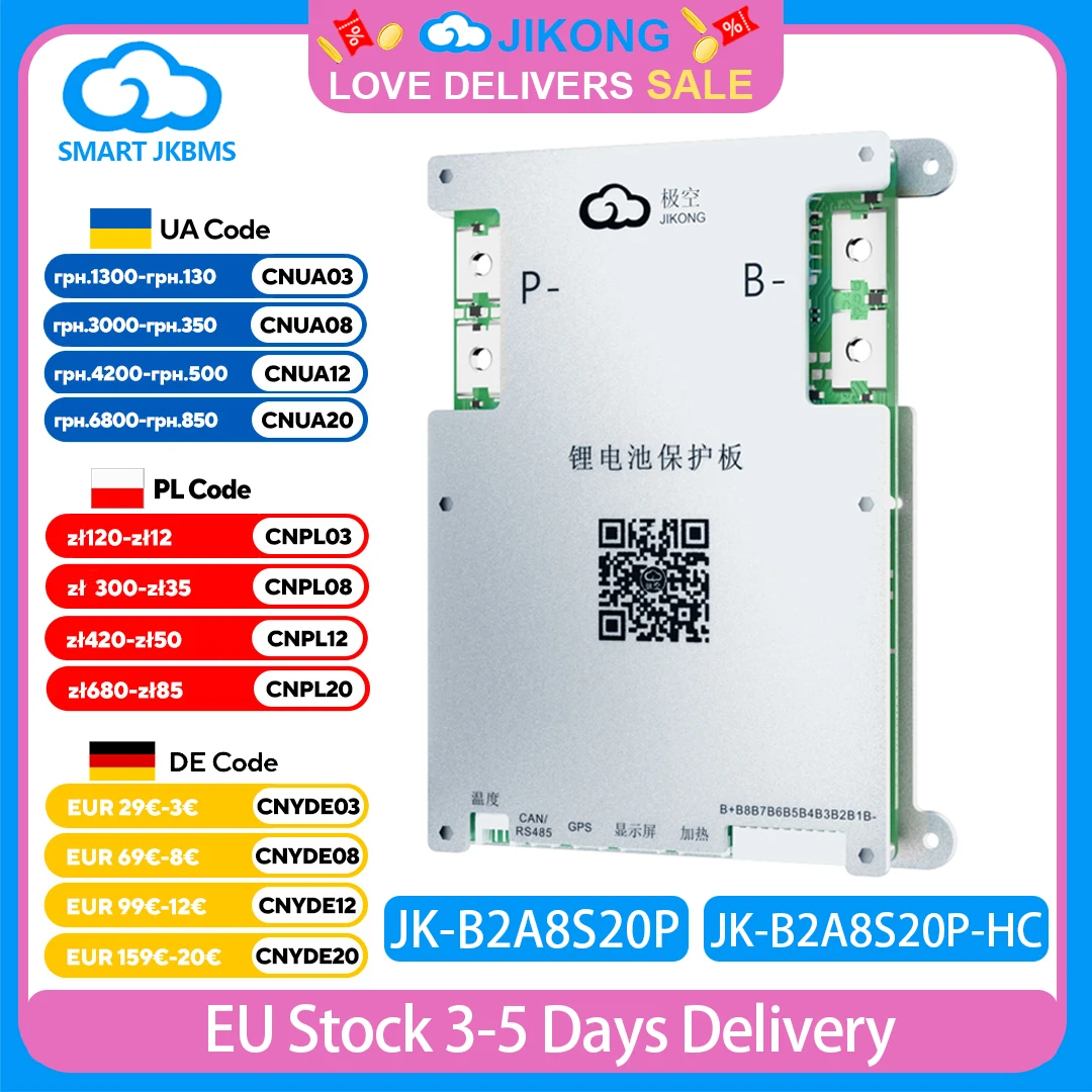 

JK BMS B2A8S20P Smart BMS 4S 5S 6S 8S 1A 2A Active Balanced BMS Heat CAN RS485 BT for LiFePo4 Li-ion Lto Battery 100A 200A JKBMS