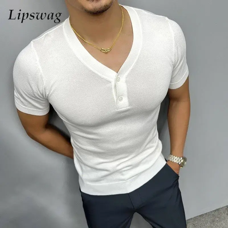 

Fashionable Slim Fit V Neck T Shirts Men Knitted Short Sleeve Buttoned T-shirt Summer Mens Clothes Vintage Solid Color Pullovers