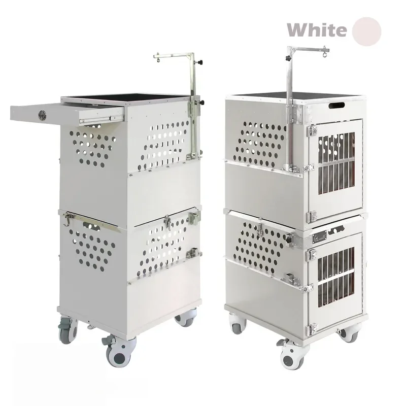 Stackable Lockable Aluminum Double Layer Double Position Dog Display Cage Set with Pull Rod & Grooming Arm Drawer Snap