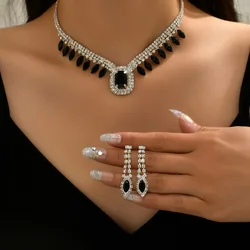 Women's Fashion Jewelry Bridal Luxury Dinner Dress Jewelry Black Treasure Blue Gemstone Earrings Necklace Set Gift