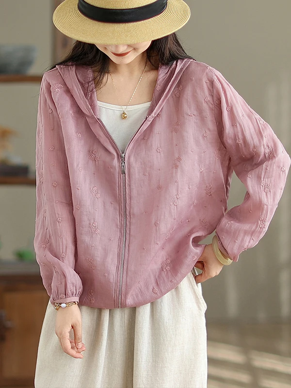 เสื้อแจ็คเก็ตมีฮู้ดปักลายสไตล์เรโทร น้ำหนักเบา ป้องกันแสงแดด สำหรับผู้หญิง ใส่สบาย ทรงหลวม ช่วยให้ดูผอมลง สไตล์ลำลอง มีซิป เหมาะสำหรับฤดูร้อน