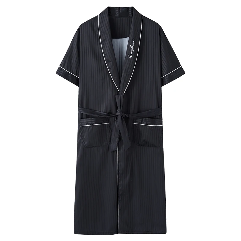 Striped Robe Men Summer Short Sleeve Silk Satin Bathrobe Male V-neck Sexy Dressing Gown Men's Homewear Spas Long Bath Robe