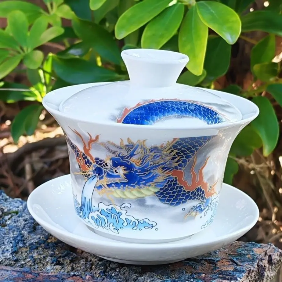 White Porcelain Gaiwan Dragon Single Tea Bowl Hovering Rotatable Gongfu Tea Set 2026 Original Household Office Business Funny