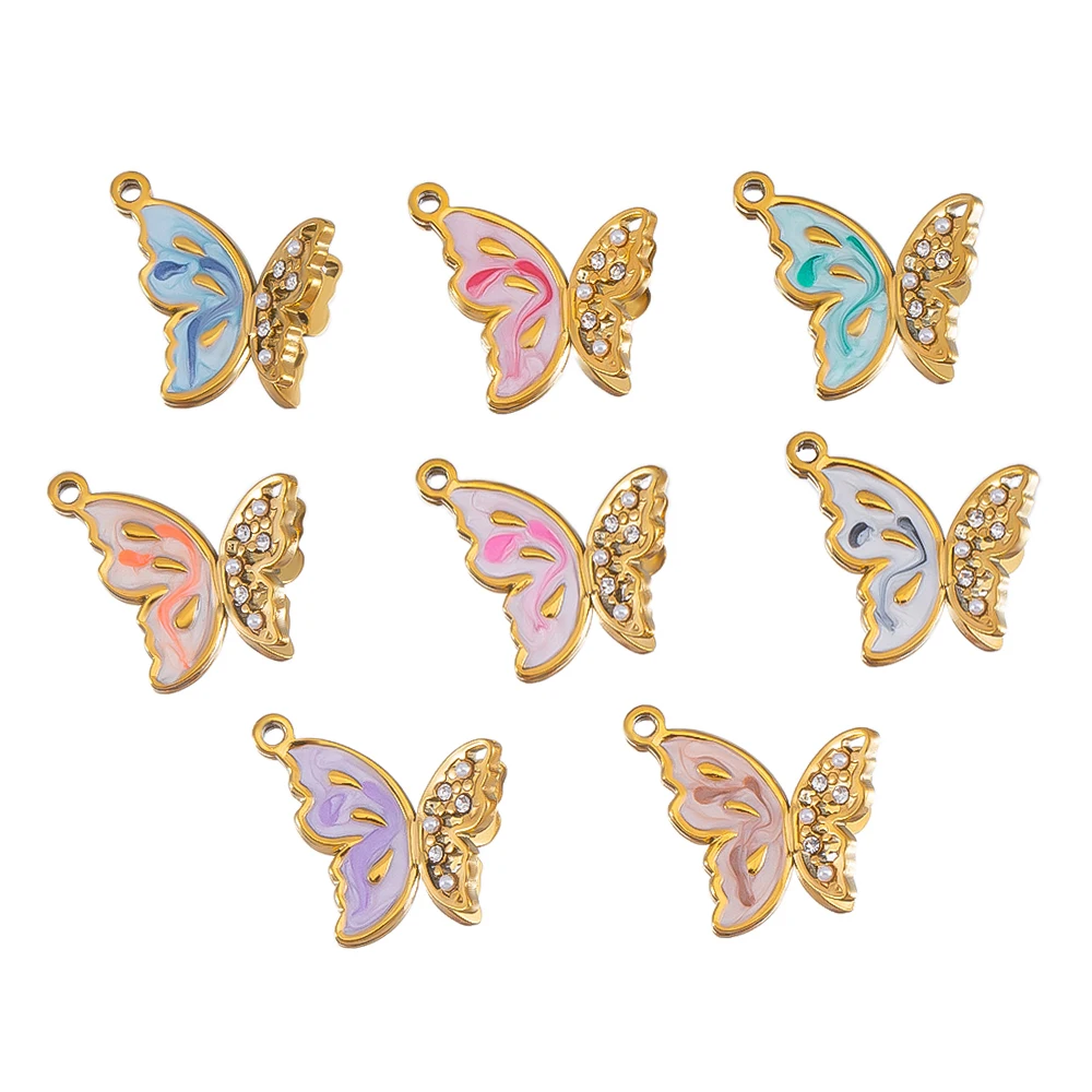 2Pcs Stainless Steel Enamel Cute Gold Butterfly Zircon Wing Charms For Trendy DIY Necklaces Earrings Jewelry Making Materials