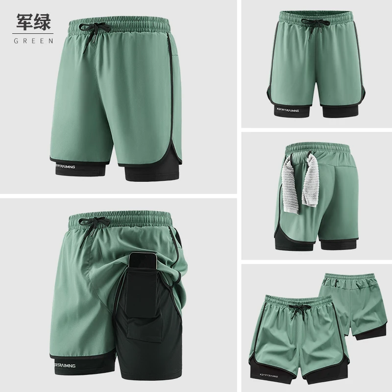 جديد الرجال طبقة مزدوجة سراويل اللياقة البدنية الرجال اللياقة البدنية الصالة الرياضية التدريب 2 في 1 السراويل الرياضية سريعة الجافة تجريب الركض سطح مزدوج الصيف