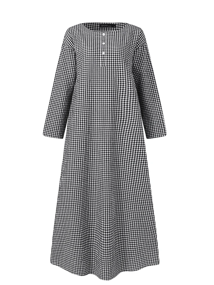 ZANZEA-Robe d'été à carreaux à manches longues pour femmes, Robe maxi décontractée, Vintage, Vacances, Mode, Automne, 2024