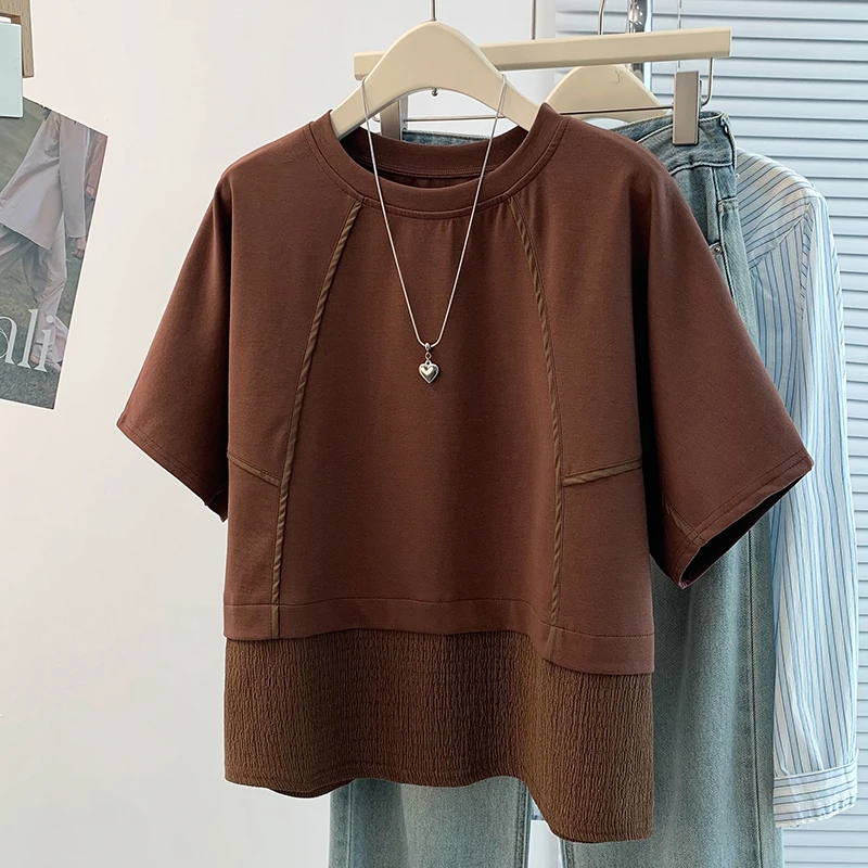 

Summer New Korean Design Color Block plus Size Slim Short Sleeve T-Shirt Cotton Blend Comfortable Breathable Women's Top