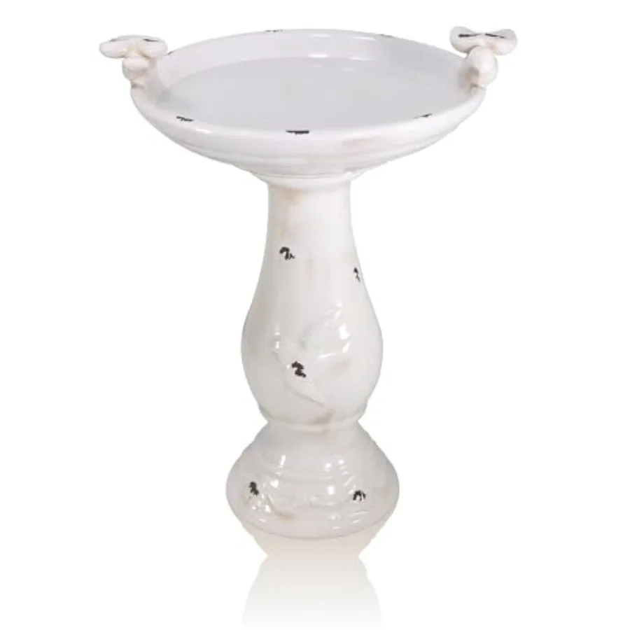 

25" Tall Outdoor Antique Ceramic Birdbath with 2 Bird Figurines - Vintage Style Garden Bird Bath Bowl for Patio, Yard, Lawn Dec