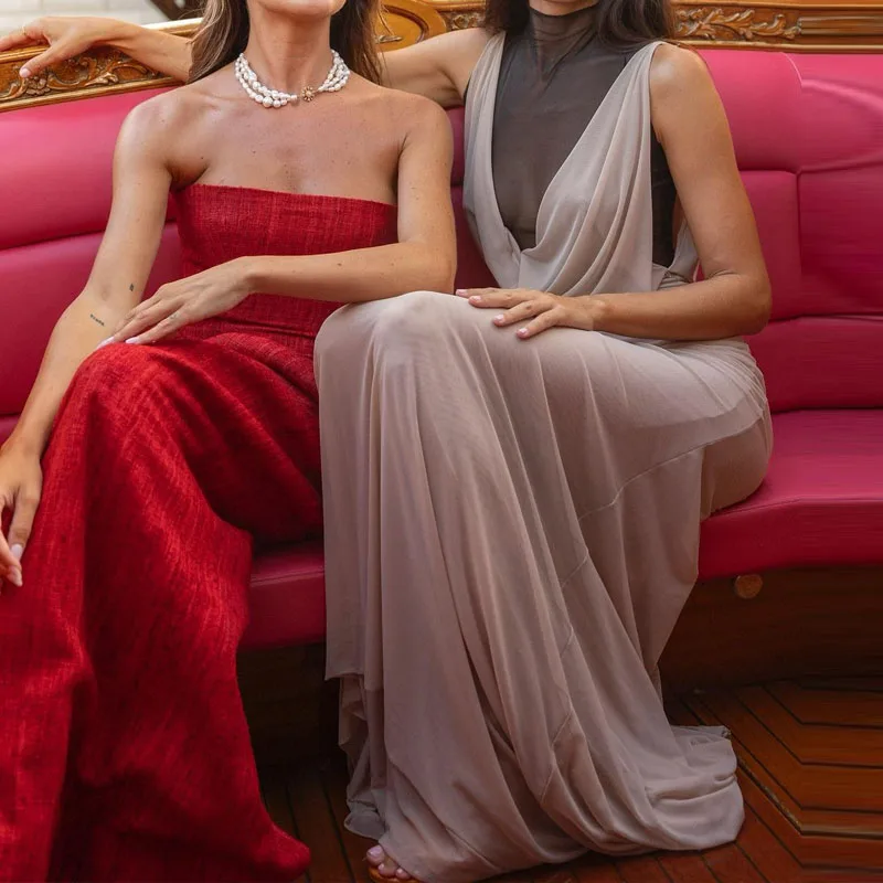 Sexy gaze fina transparente vestido de noite fino elegante emendado plissado senhora banquete vestido verão novo corte baixo oco para fora vestido longo