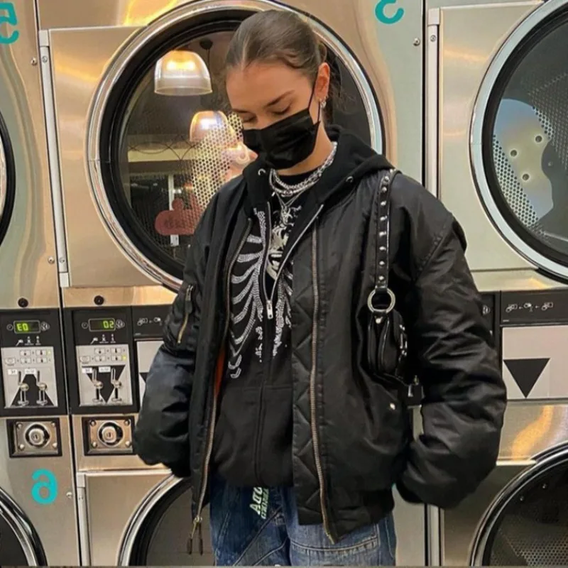 Sudadera Y2K con Capucha y Calavera de Cristal para Mujer, Negra, Gótica, Oversize, Cremallera, Retro Harajuku, Streetwear 3
