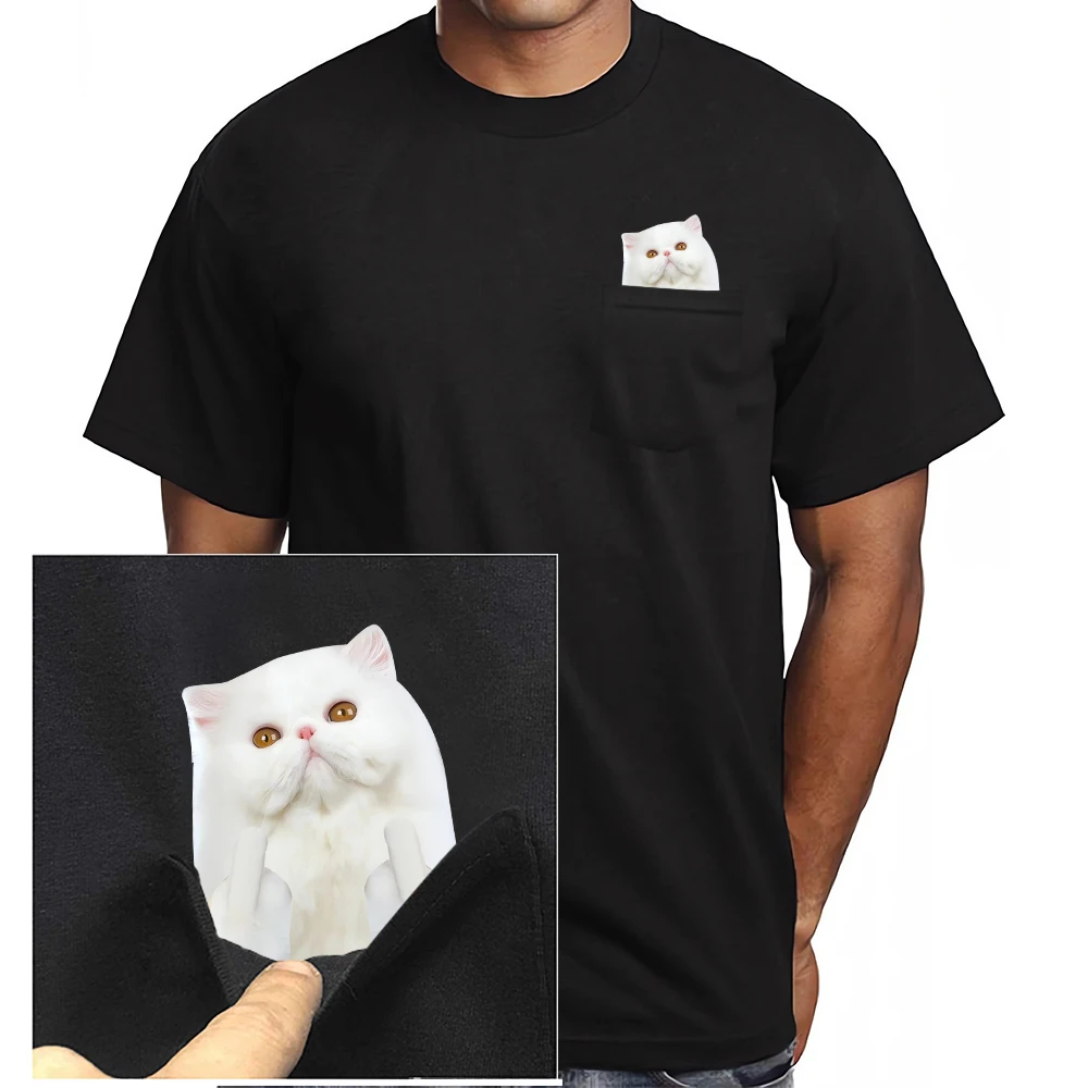 CLOOCL Persian Cats T-Shirts Animals Double Middle Fingers Pocket Cotton T-shirt Men Clothing Short Sleeve Shirts Dropshipping