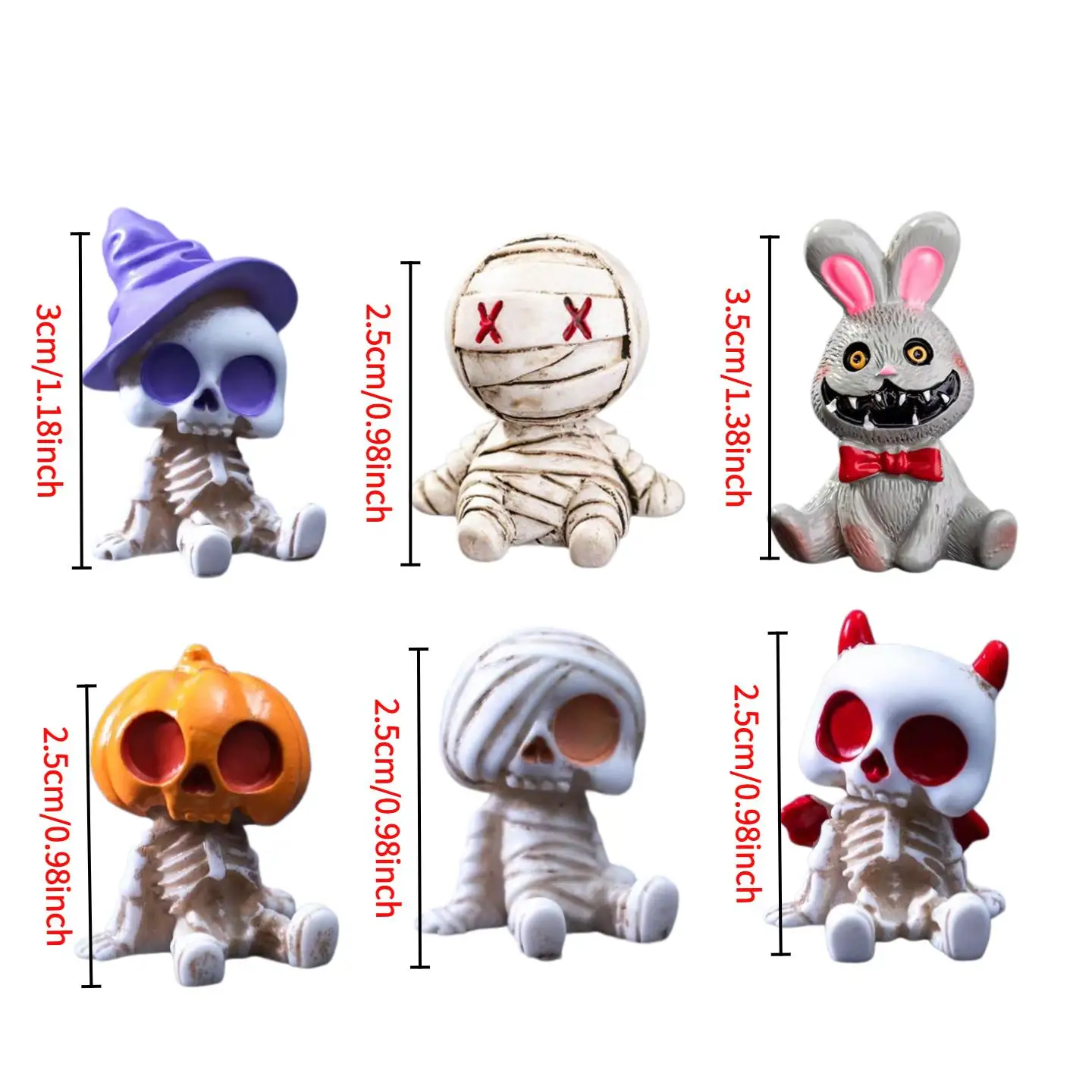 6 Stück Halloween Harz-Skelett-Mumien-Figuren Mini-Statuen für DIY Mikro-Landschaft Bonsai Auto Schreibtisch Dekoration