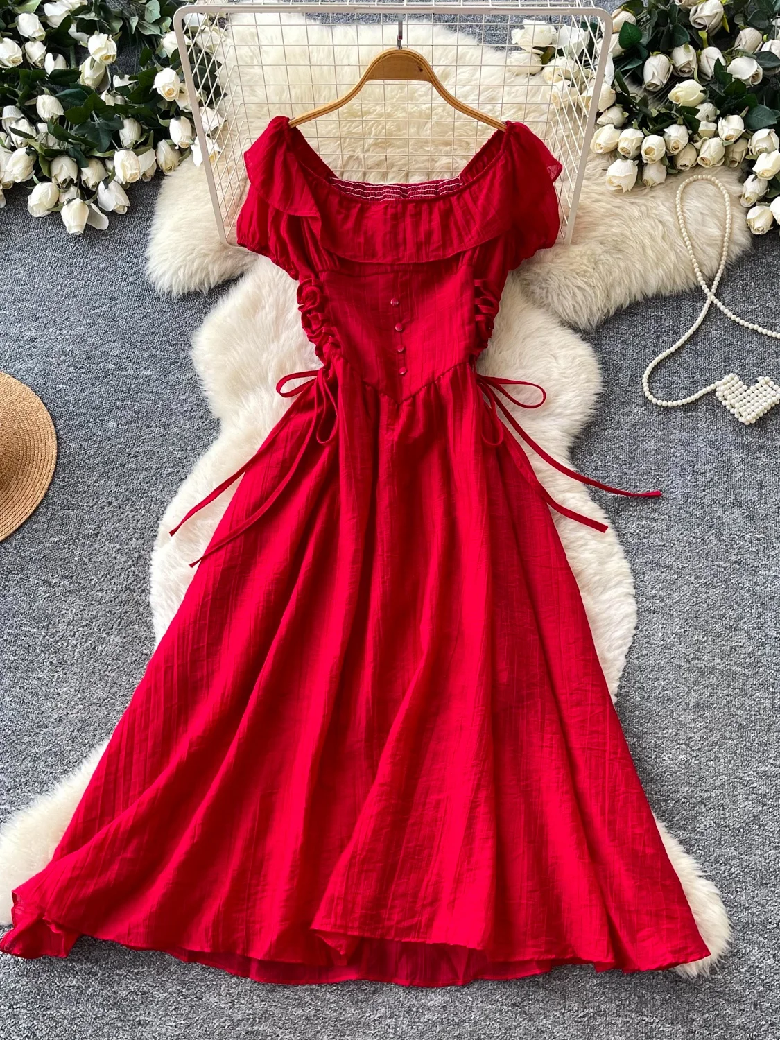 Red Square Collar A-Line Dress Women's High Waist Slim Fit Long Dress Gentle Wind Autumn Collection Korean Style Pleated Skirt