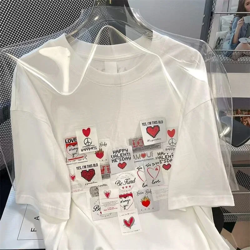 EBAIHUI White Love Convenience Sticker Short Sleeved T-shirt Loose Vintage Print Ladies Tees Summer Round Neck Couple Top