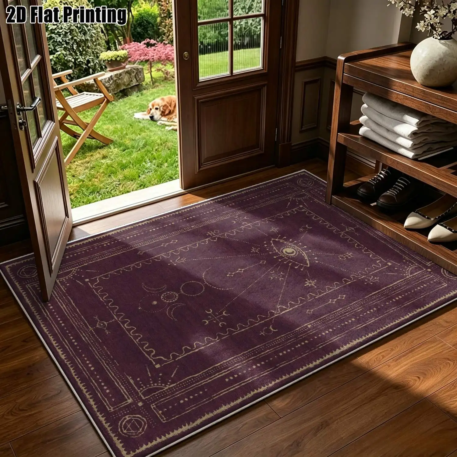 1Pc 2D Printed Purple Velvet Carpet: Retro, European, Bohemian Style, Machine Washable, Multi-Size, Home Decor, Multi-Scenario Use
