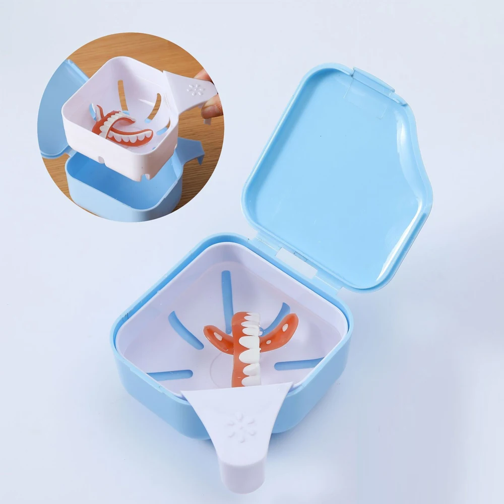 Denture Bath Box Organizer Dental False Teeth Storage Box Retainer Denture Case with Hanging Net Container Cleaning