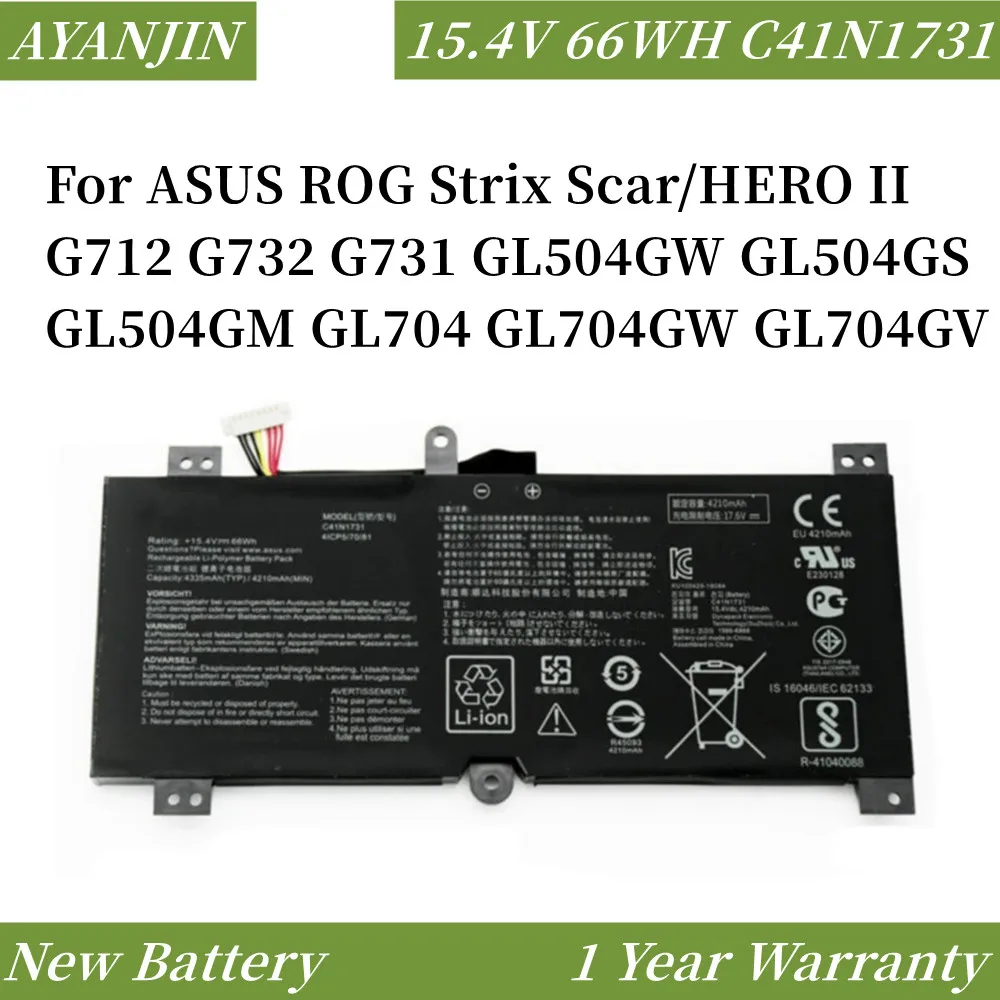 C41N1731 15.4V 4335mAh Laptop Battery For ASUS ROG Strix Scar/HERO II G712 G732 G731 GL504GW GL504GS GL504GM GL704 GL704GW