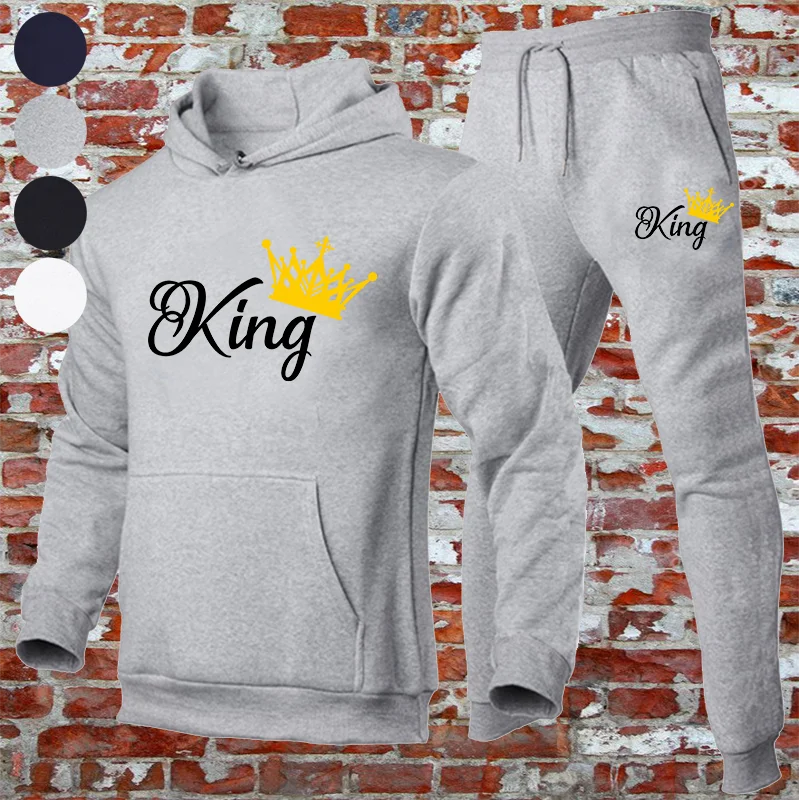 

Sweatshirt Hoodie + Pants 2 Piece Fashion King Print Hooded Set Long Sleeve Pullover Hooded Sweatshirt Matching Clothing