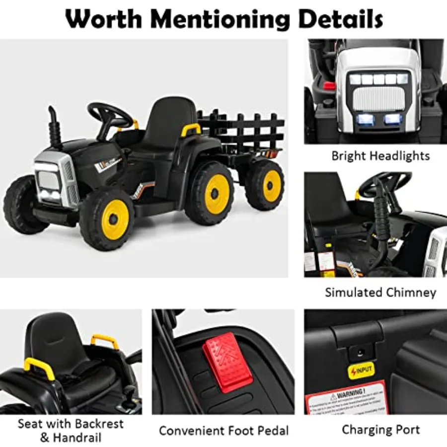 Ride On Tractor with Trailer 12V Electric Vehicle for 3-Gear-Shift Ground Loader LED Lights Horn Music Battery Powered Ride On
