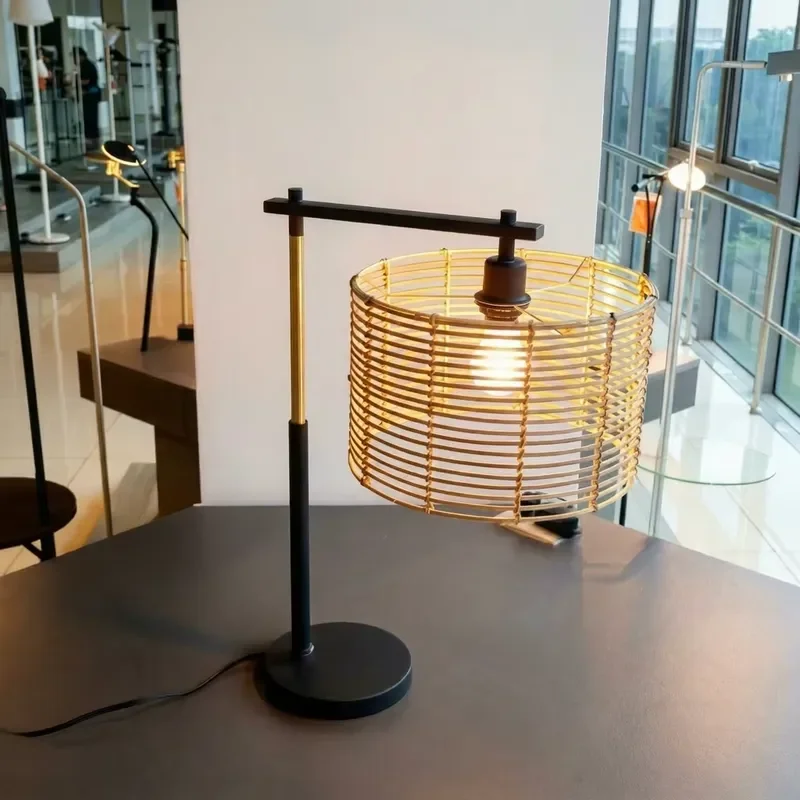 Modern Handmade Rattan LED Desk Lamp AC Simple Design Eco Friendly Retro Atmosphere Light for Living Room Bedroom