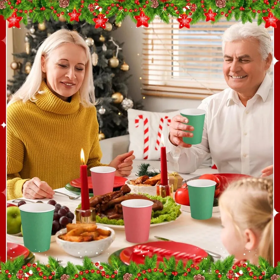 100 Pack Red Green Paper Cups 9oz Christmas Party Cups Bulk Paper Cups Disposable Drinking Cups for Birthday Holiday Christmas