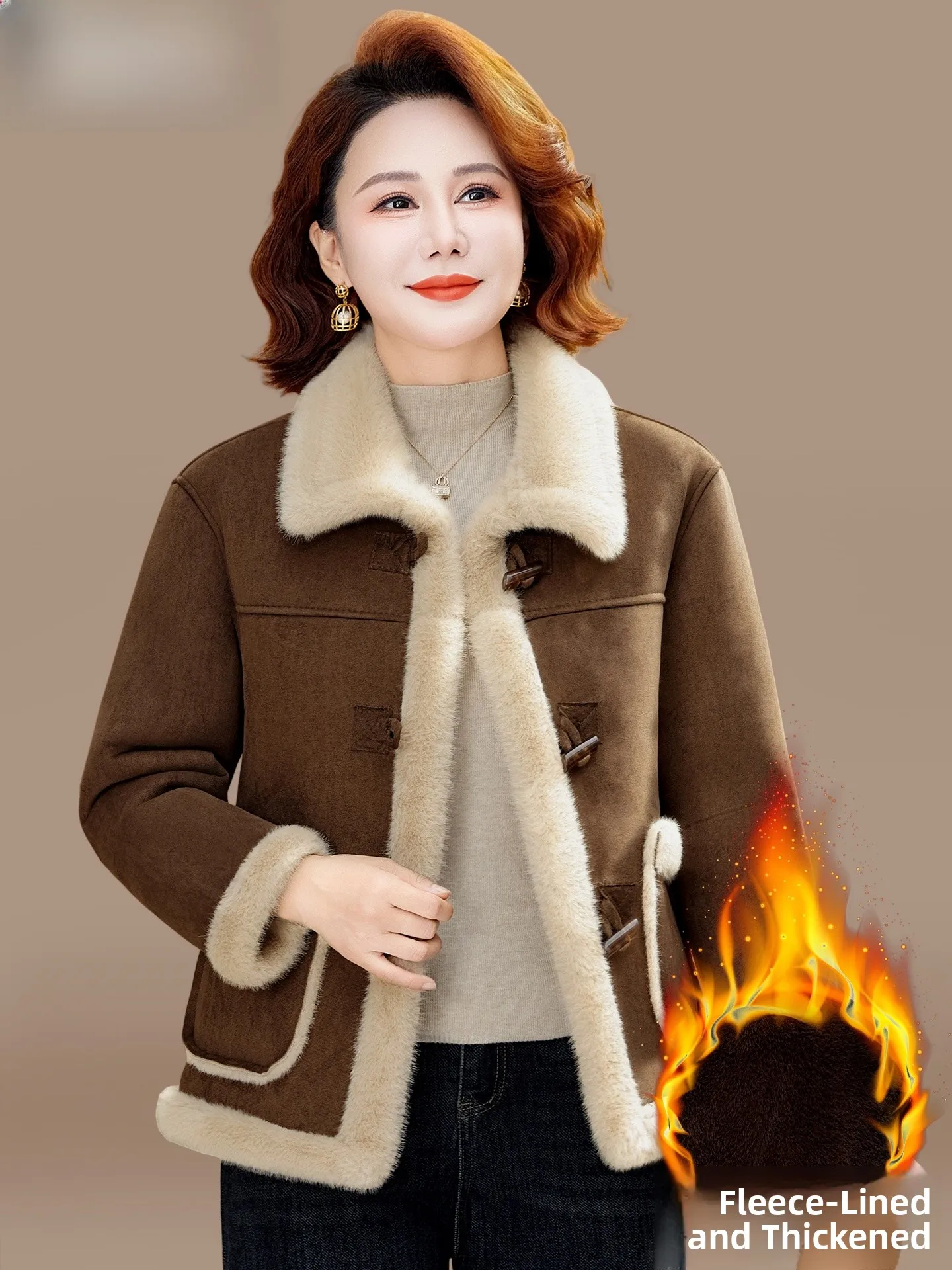 

Young Mom Winter Faion Thiened Lamb Velvet Jaet Faux Fur Inteated Warm Outerwear for Middle-Aged And ly Women