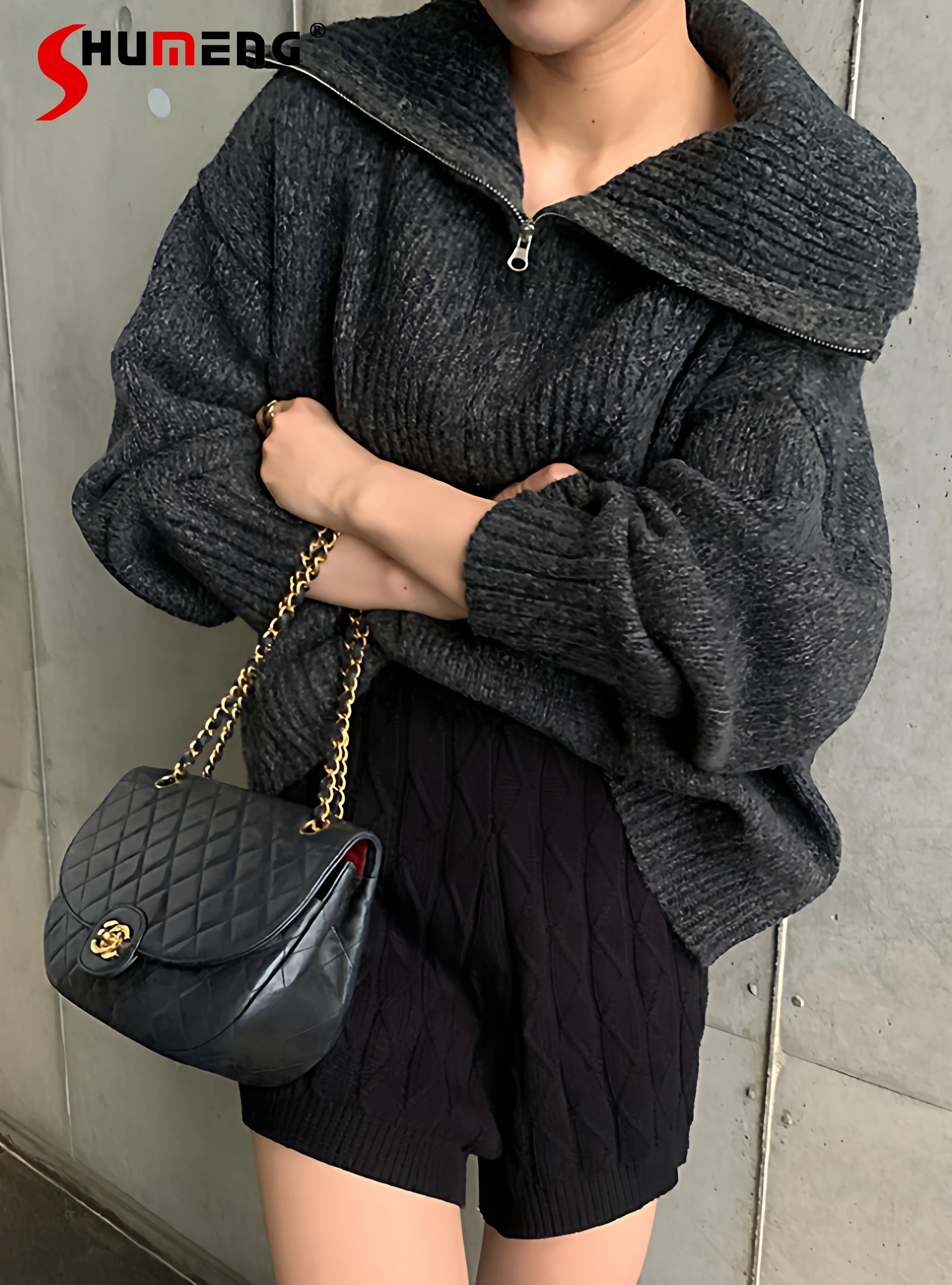 

Элегантный милый свитер в японском стиле на молнии с отложным воротником и длинными рукавами, свободный универсальный повседневный вязаный свитер, женский осенний пуловер