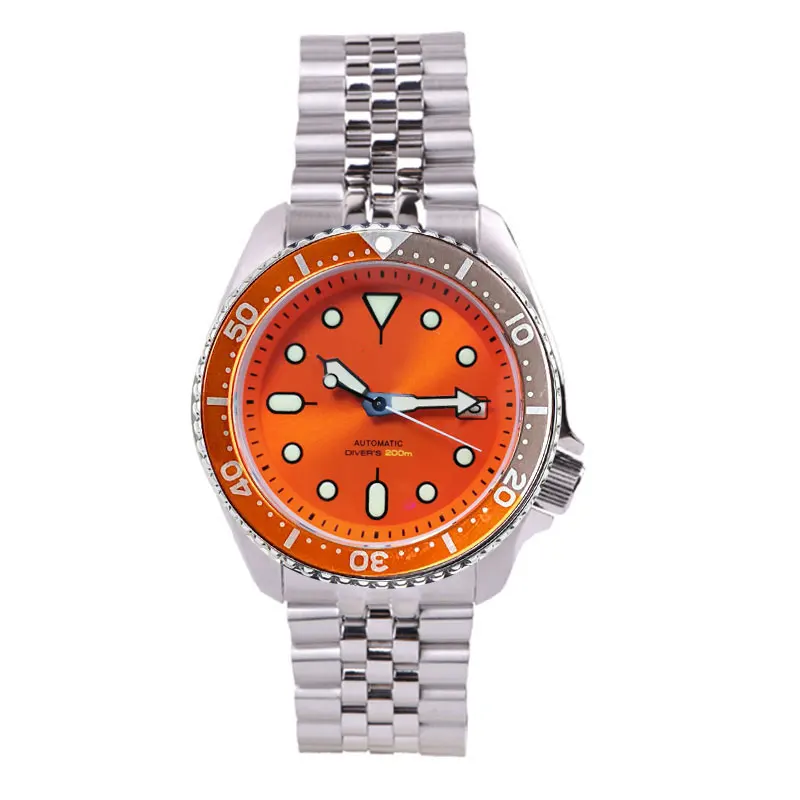 Tandorio 41 mm luxuriöse 200 m wasserdichte Automatikuhr für Herren NH35A 3,8 Krone Sunburst Orange Zifferblatt Taucheruhr Stahlarmband